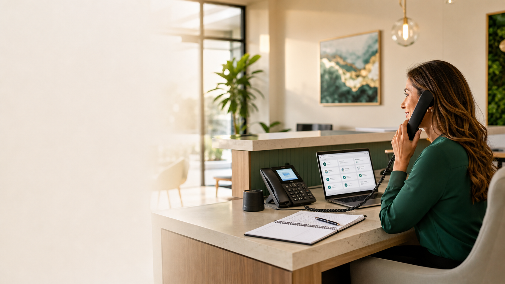Small business front desk with phone and call dashboard